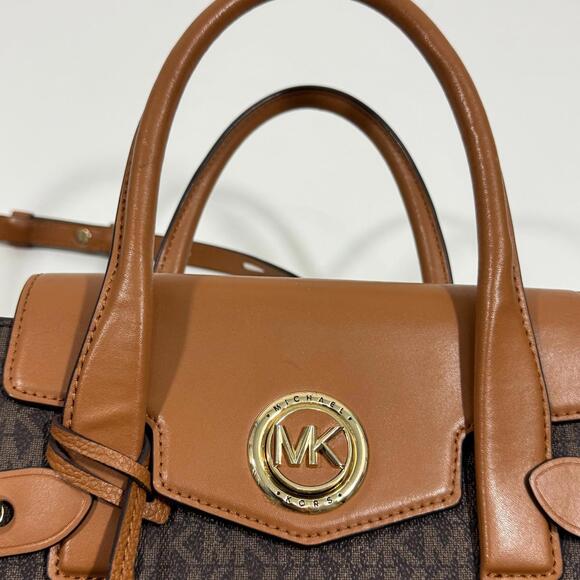 MK Michael Kors Carmen Small Logo and Leather Belted Satchel Handbag Brown - Picture 2 of 11